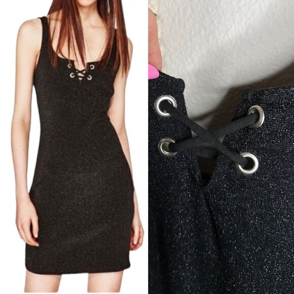 Zara Black Shimmery Lace-Up Mini Dress Medium - Picture 1 of 6